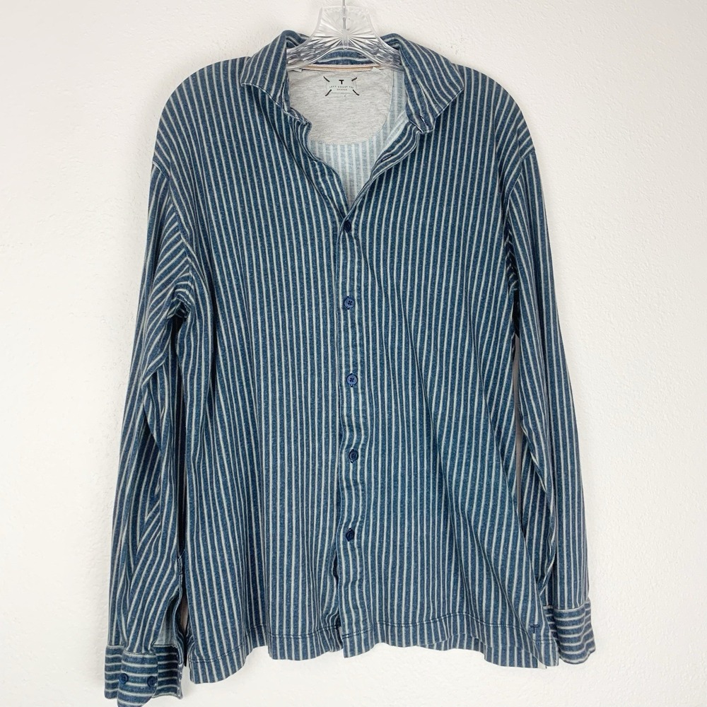 Left Coast Tee Mens XL Button Up‎ Shirt Pima Cotton Shaped Blue Striped Preppy